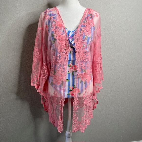 Liv Los Angeles New Peach Lace Swimsuit Cover Size Medium - Picture 2 of 15